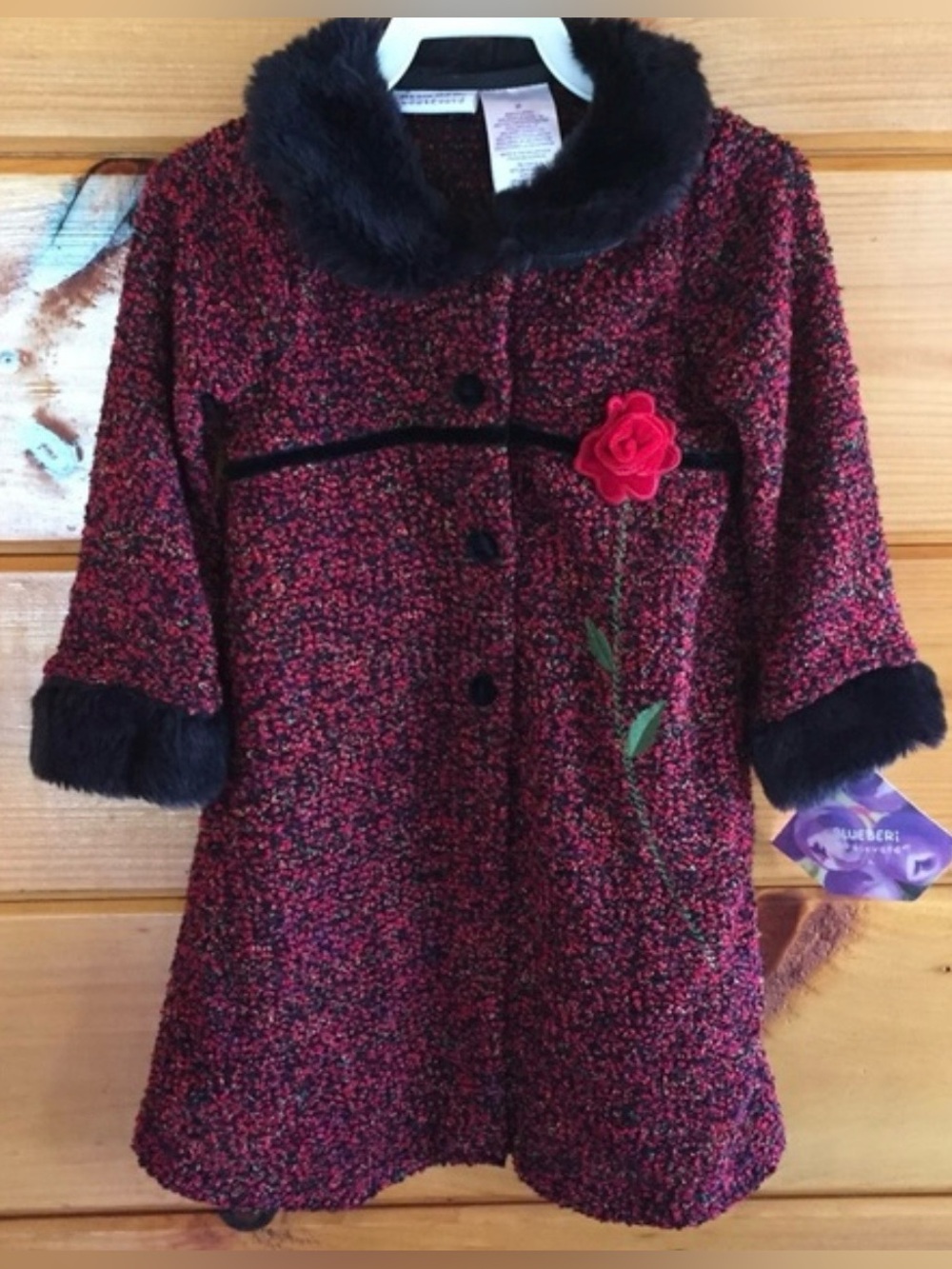 Blueberi Boulevard Red and Black Tweed Coat with Faux Fur Trim